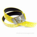 Yellow PU Belt, US Dollar Sign Design Buckle with Alloy Rhinestones Decoration